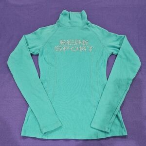 Bebe Sport Rhinestones Logo Turquoise Turtle Neck Sweat Shirt - Small.